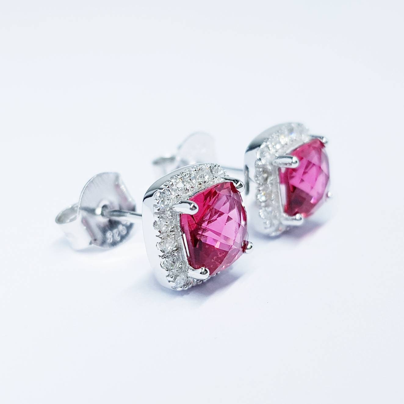 Red earrings, Ruby stud earrings, square earrings, diamond halo earrings, cushion cut earrings, bridesmaid earrings, July stone