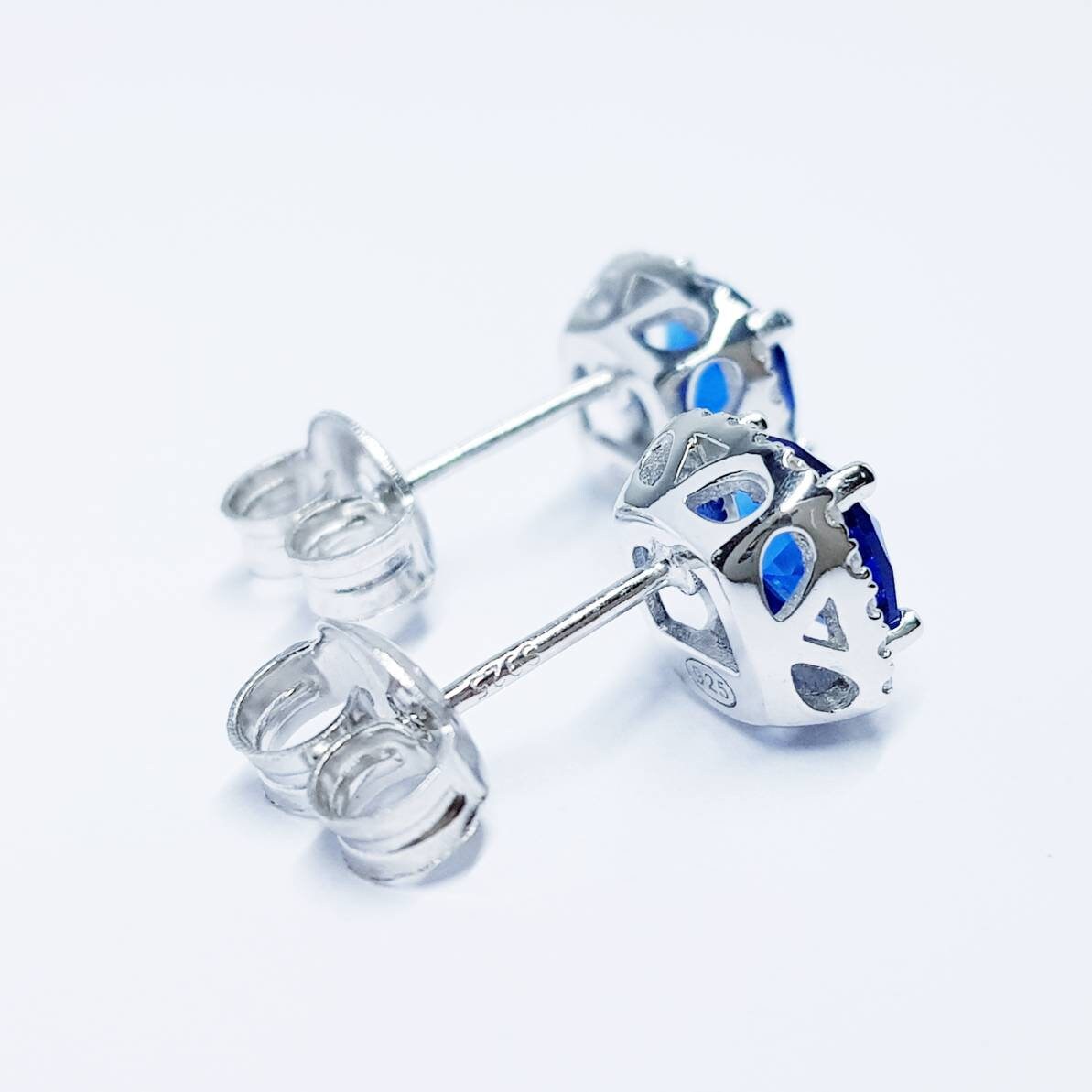 Blue Sapphire Earrings, Sapphire Bridal Earrings, Sterling Silver CZ Blue Sapphire Stud Earrings,Round CZ Stud Earrings,Bridesmaids Earrings