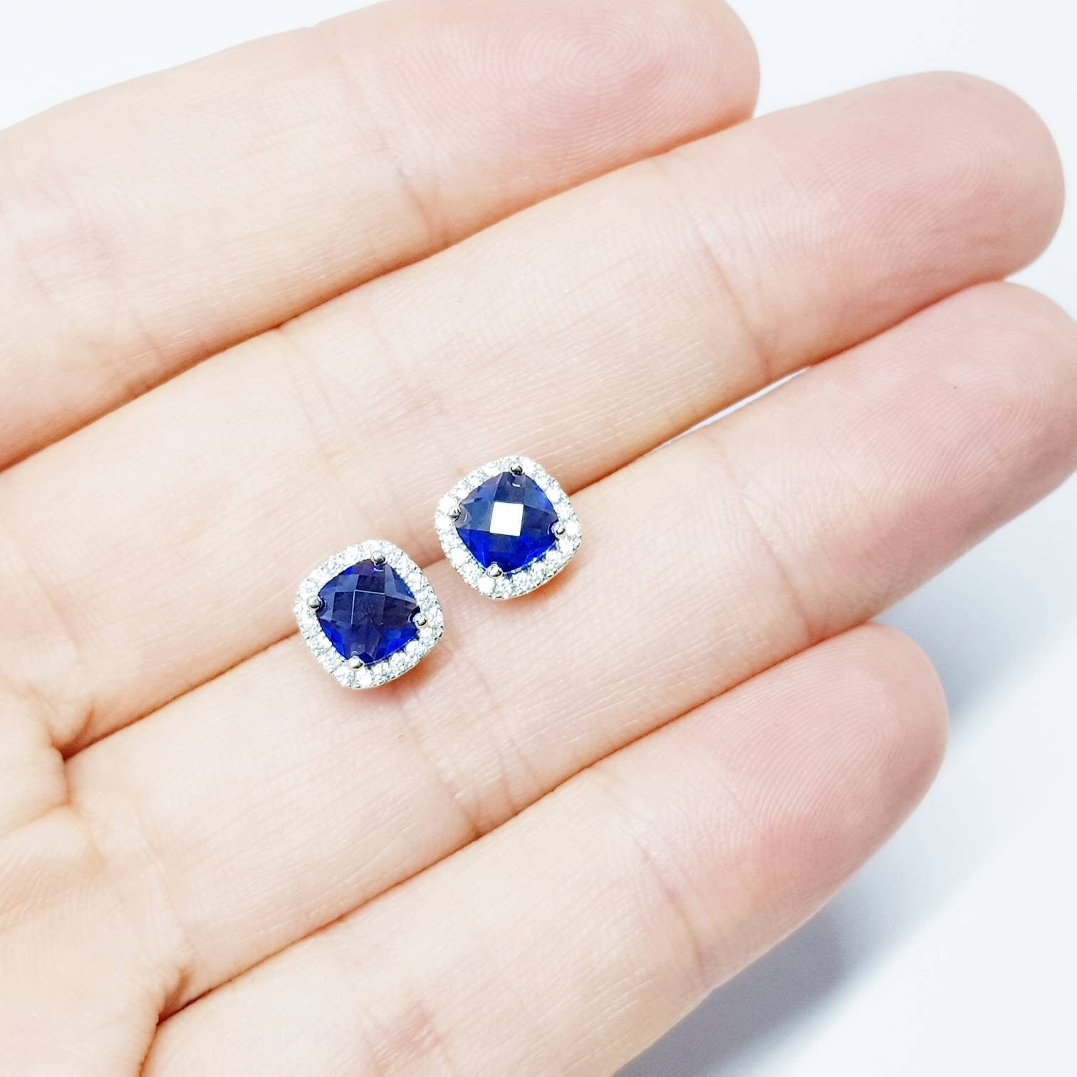 Blue Sapphire Earrings, Sapphire Bridal Earrings, Sterling Silver CZ Blue Sapphire Stud Earrings,Round CZ Stud Earrings,Bridesmaids Earrings