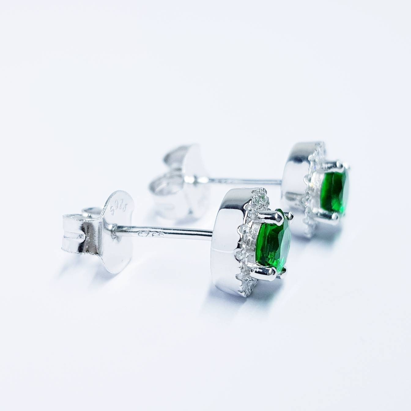 Green earrings, emerald stud earrings, gift for women, vintage earrings, diamond halo earrings, earrings for women, may birthstone studs