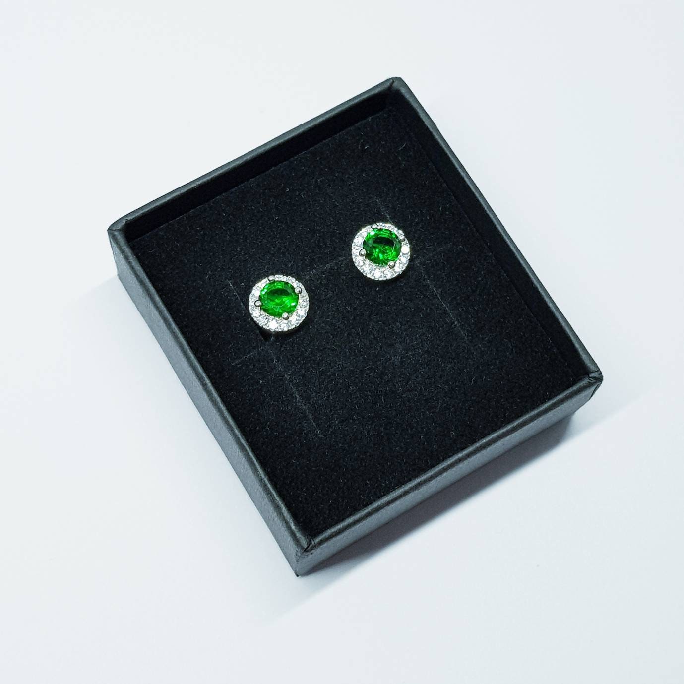 Green earrings, emerald stud earrings, gift for women, vintage earrings, diamond halo earrings, earrings for women, may birthstone studs