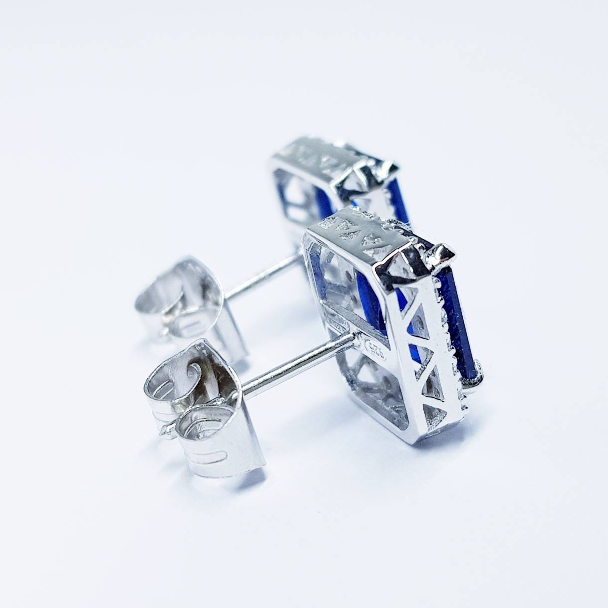 Blue Sapphire Stud Earrings, Halo Stud Earrings, 925 Sterling Silver Stud for Women, Gift For Her, Bridesmaids Gift