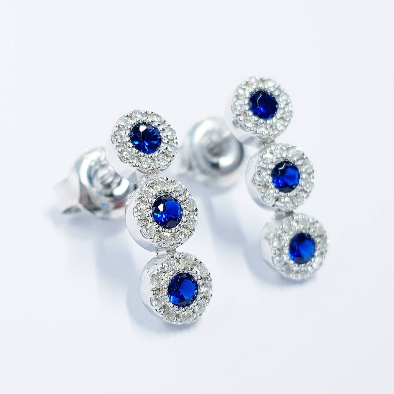 Sapphire blue stud earrings, silver earrings, vintage blue earrings, blue three stone studs