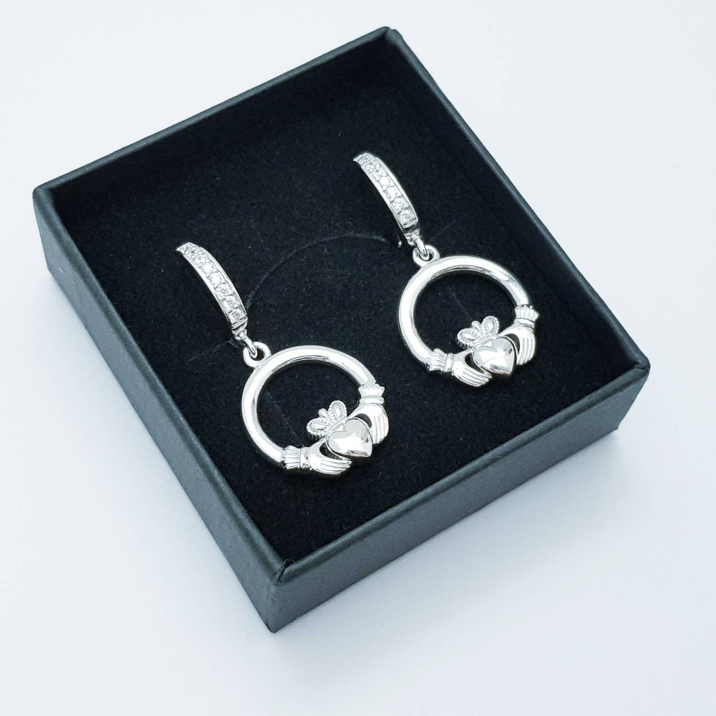 Silver hoop Claddagh Earrings, lever back Claddagh Earrings, Claddagh drop Earrings