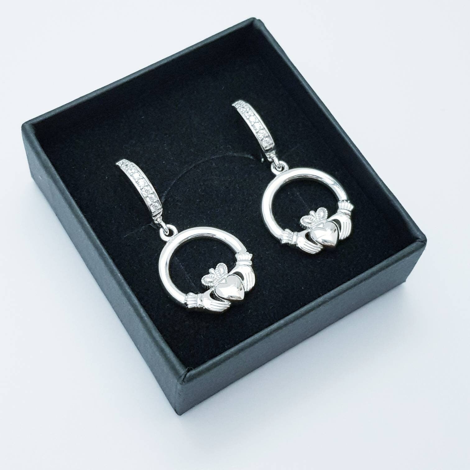 Silver hoop Claddagh Earrings, lever back Claddagh Earrings, Claddagh drop Earrings