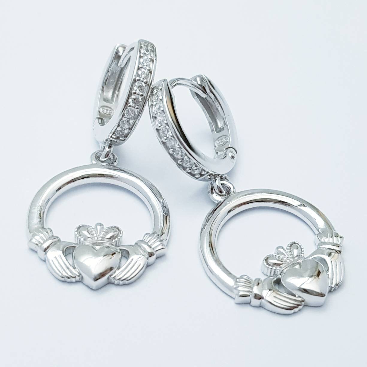 Silver hoop Claddagh Earrings, lever back Claddagh Earrings, Claddagh drop Earrings