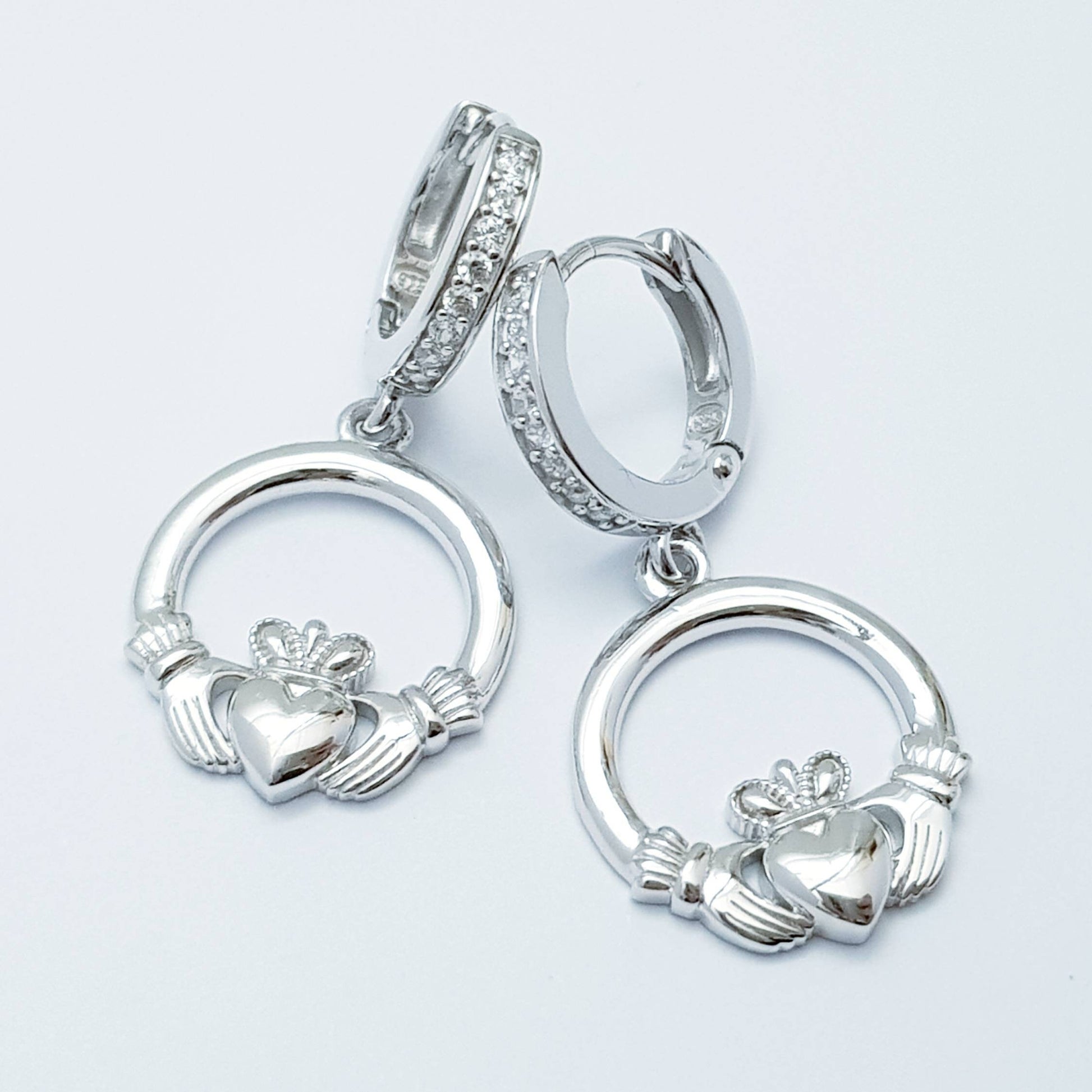 Silver hoop Claddagh Earrings, lever back Claddagh Earrings, Claddagh drop Earrings
