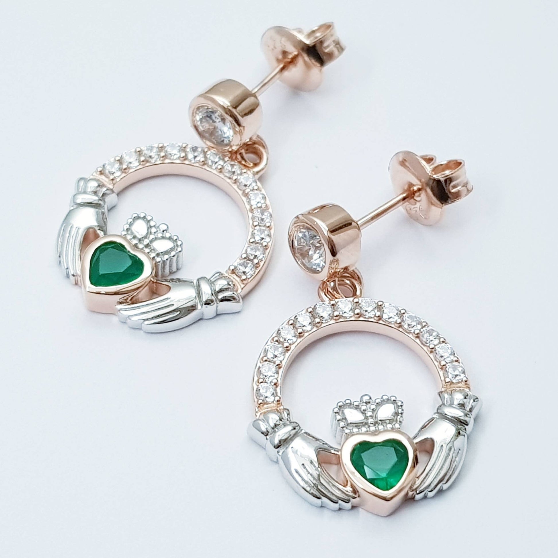 Emerald green claddagh Earrings, Silver and rose gold Claddagh Earrings, Claddagh drop Earrings