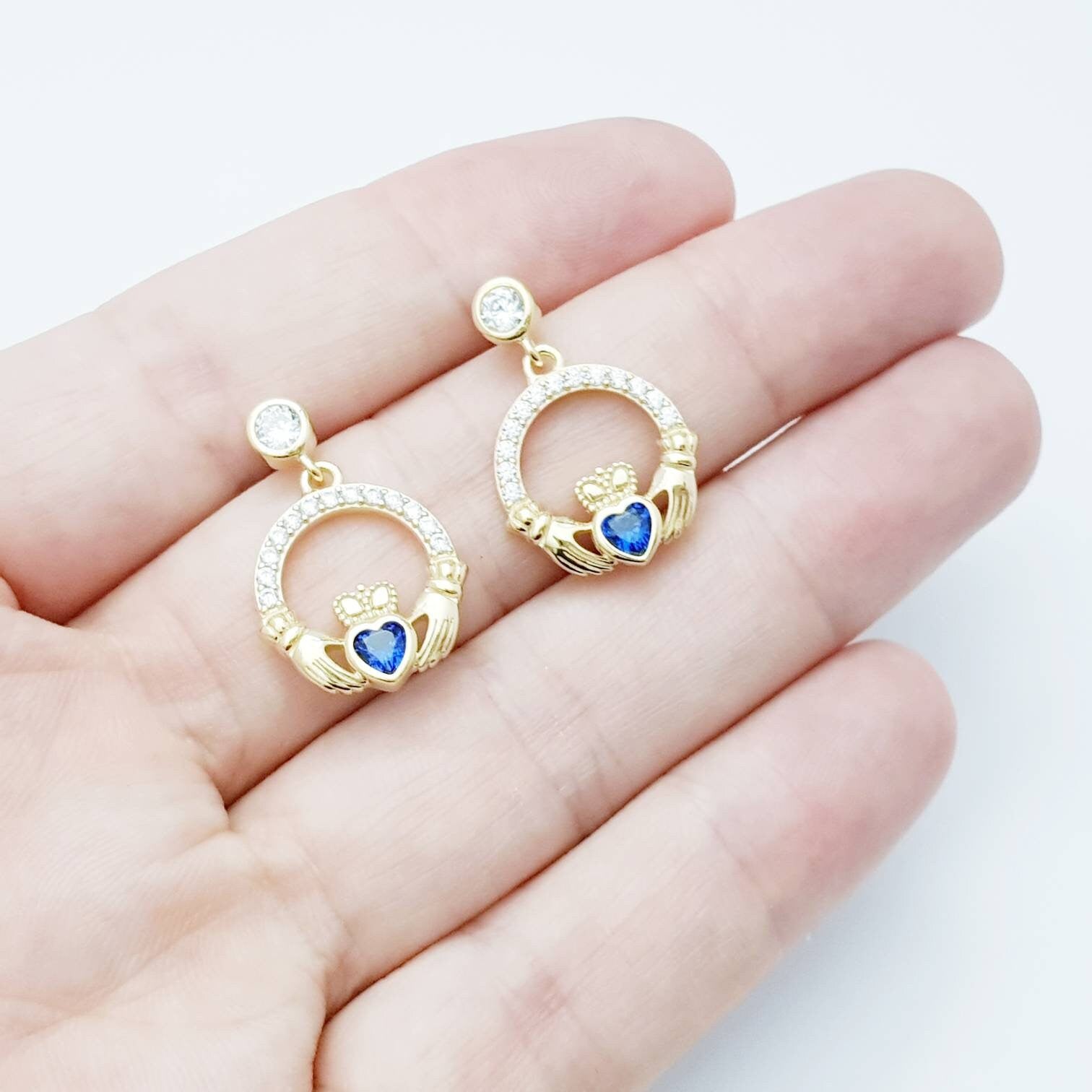 Sapphire blue claddagh Earrings, Silver and yellow gold Claddagh Earrings, Claddagh drop Earrings