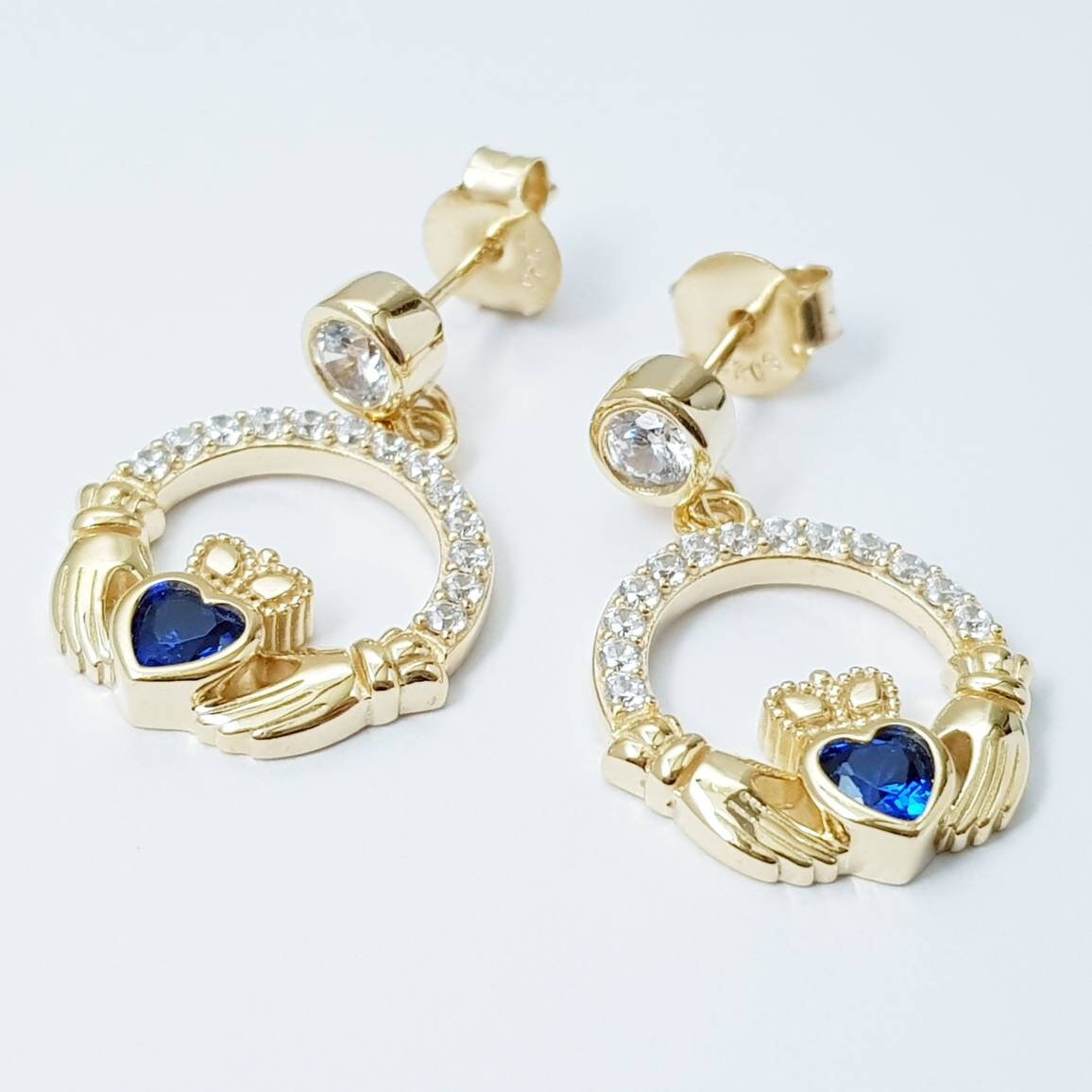 Sapphire blue claddagh Earrings, Silver and yellow gold Claddagh Earrings, Claddagh drop Earrings
