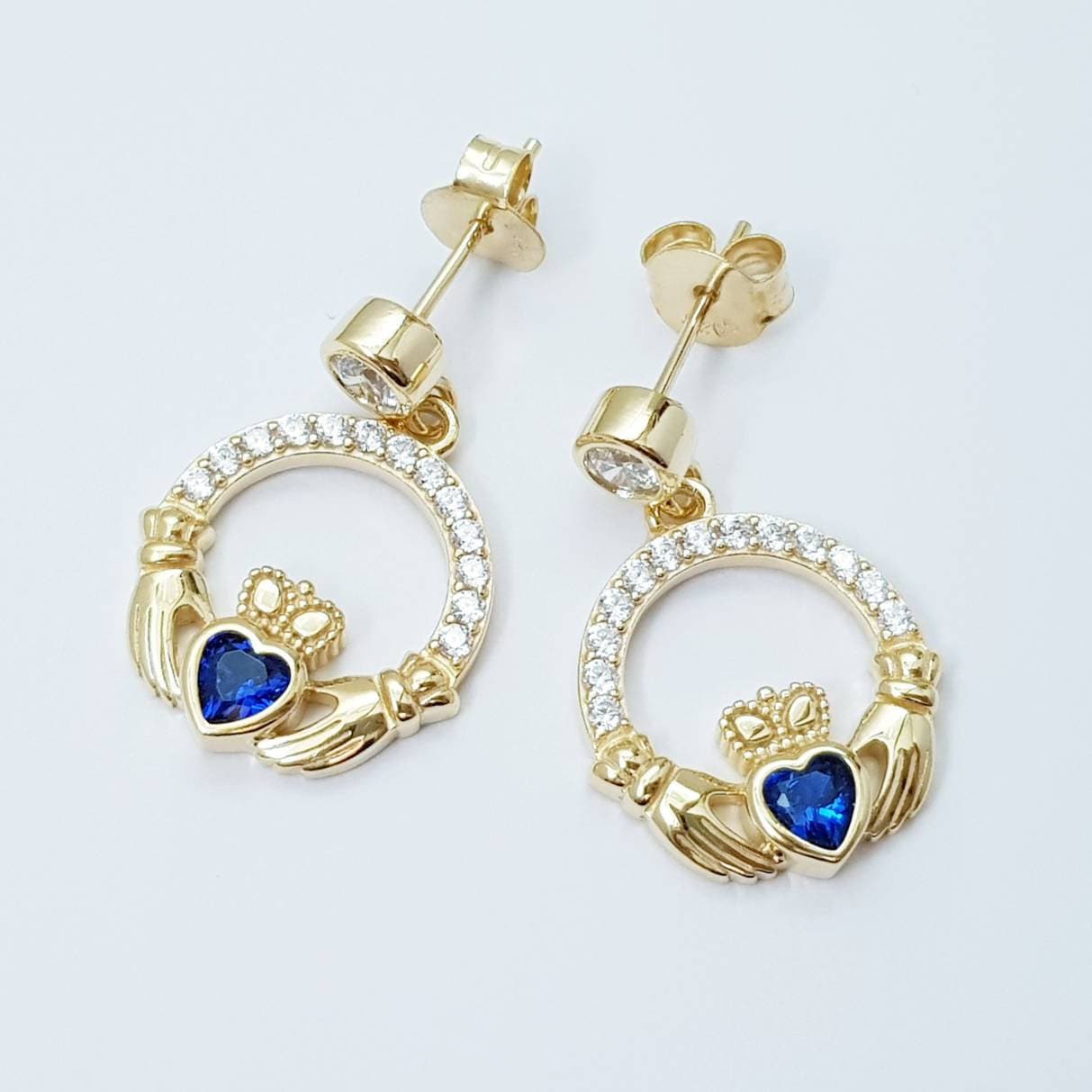 Sapphire blue claddagh Earrings, Silver and yellow gold Claddagh Earrings, Claddagh drop Earrings