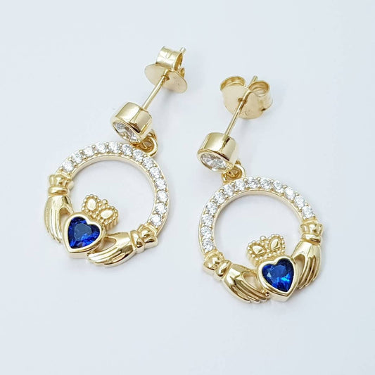 Sapphire blue claddagh Earrings, Silver and yellow gold Claddagh Earrings, Claddagh drop Earrings