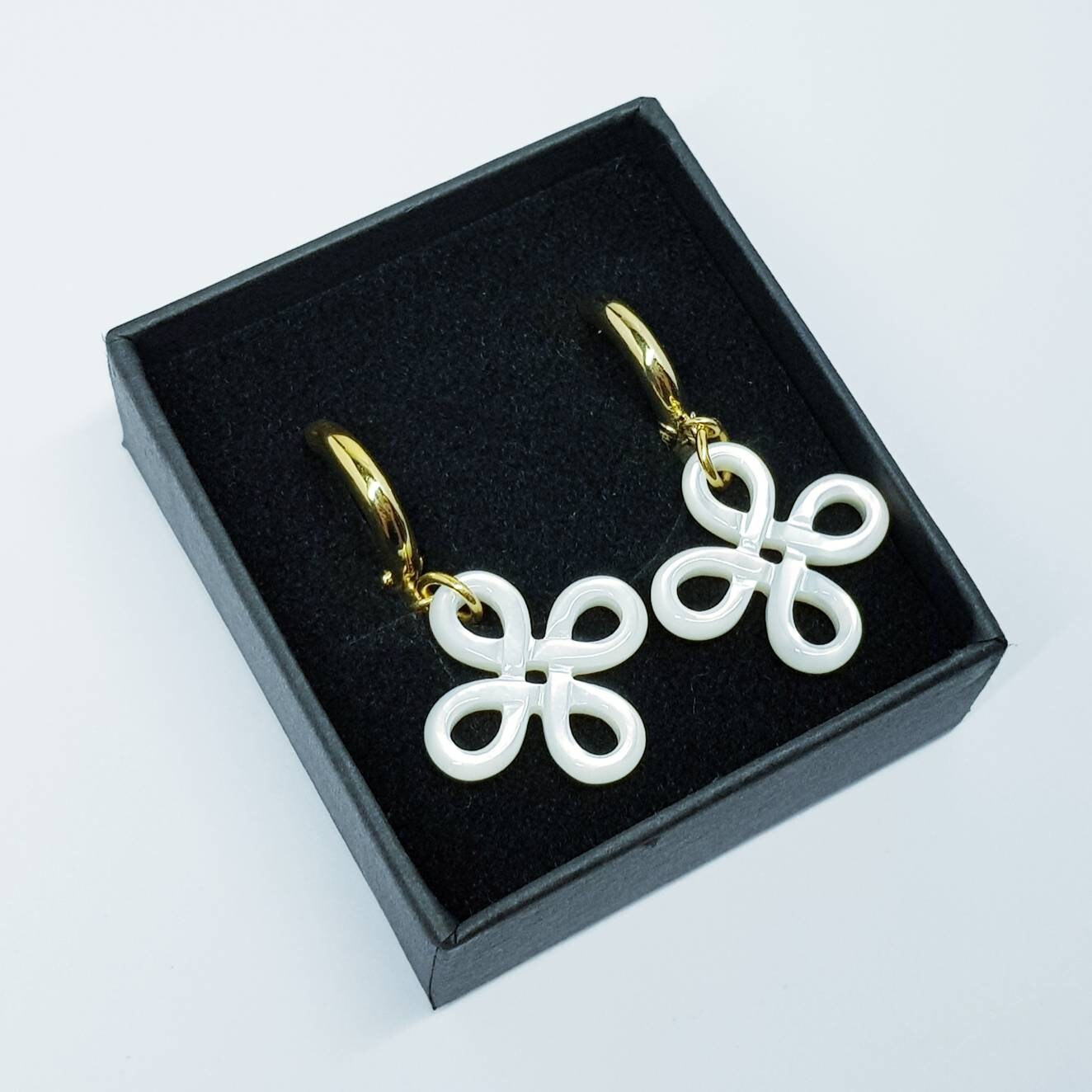 Celtic huggie Earrings, gold knot drop earrings, boho Celtic jewelry, mother of pearl earrings, celtic dangle earrings