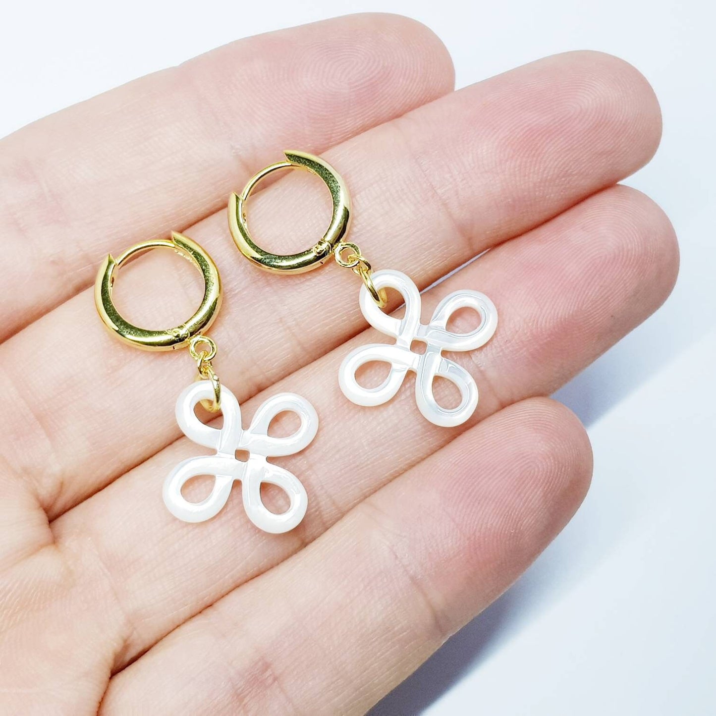 Celtic huggie Earrings, gold knot drop earrings, boho Celtic jewelry, mother of pearl earrings, celtic dangle earrings