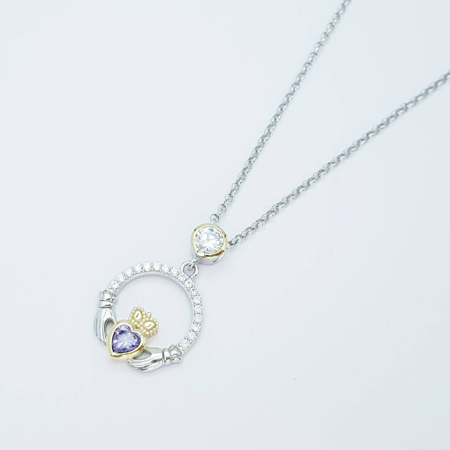 Purple Claddagh pendant, claddagh necklace, silver claddagh pendant February birthstone