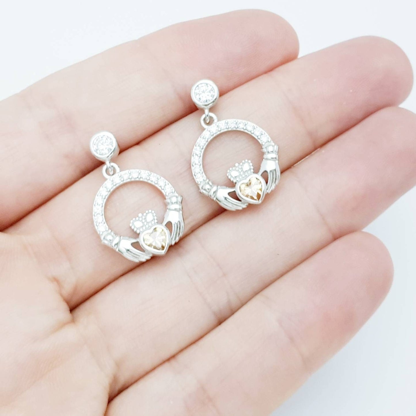 Citrine yellow claddagh Earrings, November birthstone Claddagh Earrings, Claddagh drop Earrings