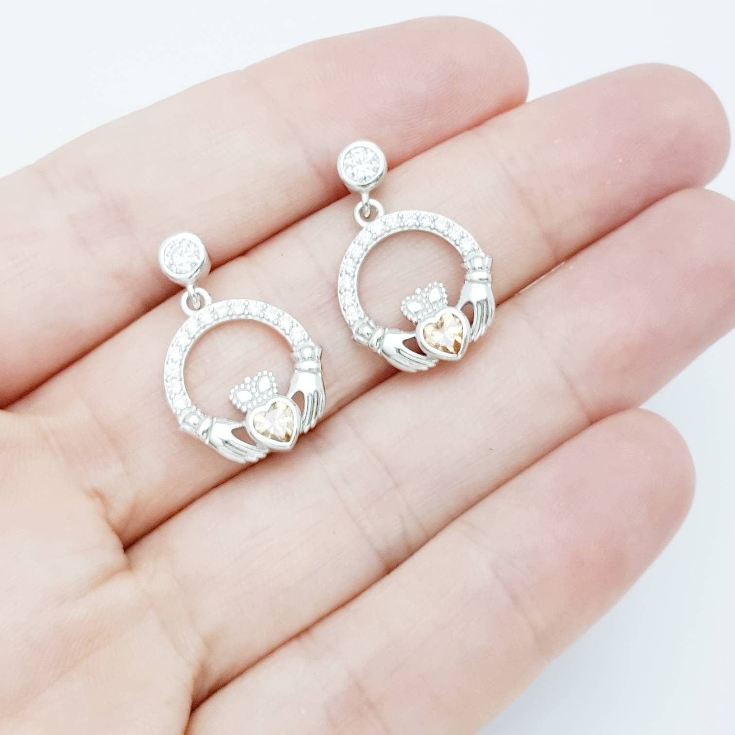 Citrine yellow claddagh Earrings, November birthstone Claddagh Earrings, Claddagh drop Earrings