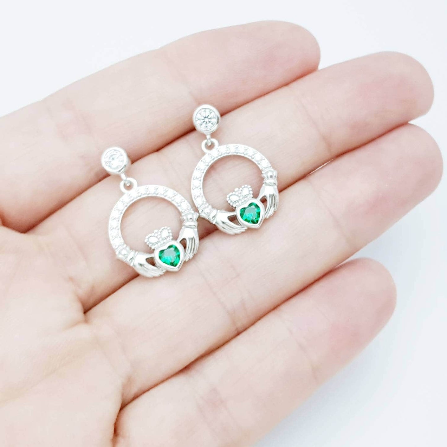 Emerald green claddagh Earrings, Silver Claddagh Earrings, Claddagh drop Earrings