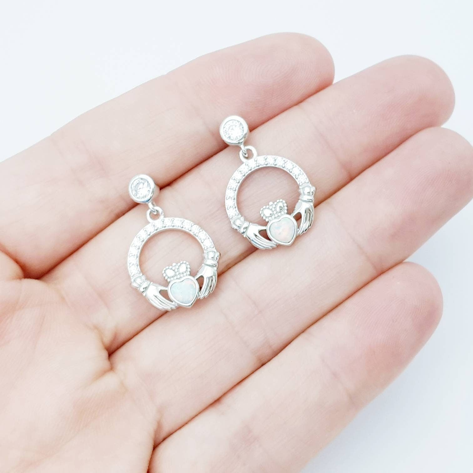Opal claddagh Earrings, Silver Claddagh Earrings, October birthstone