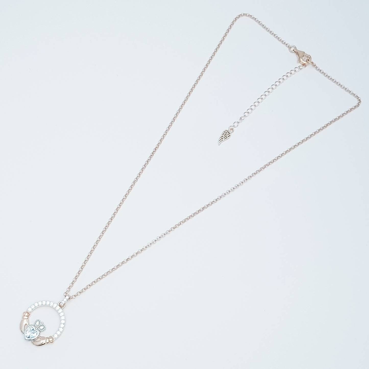 Aquamarine Claddagh pendant, claddagh necklace, rose gold claddagh pendant