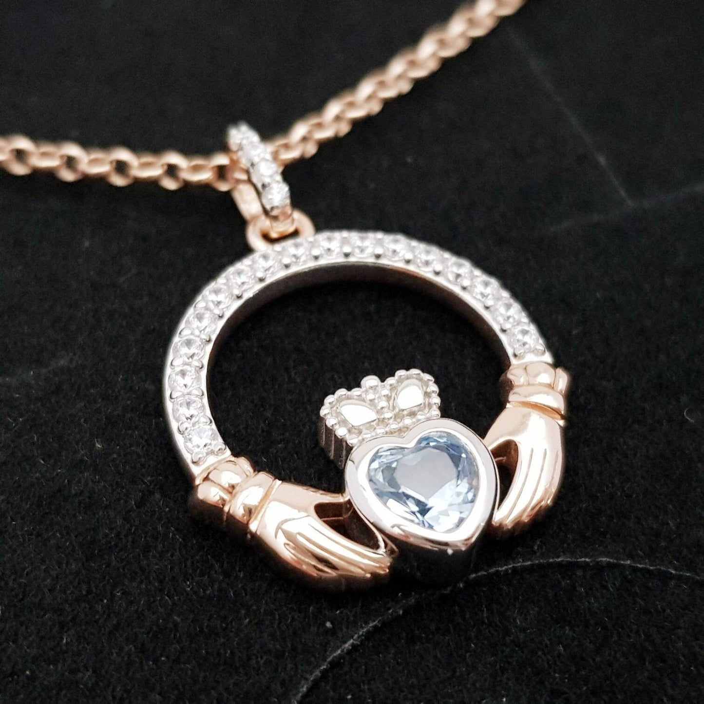 Aquamarine Claddagh pendant, claddagh necklace, rose gold claddagh pendant