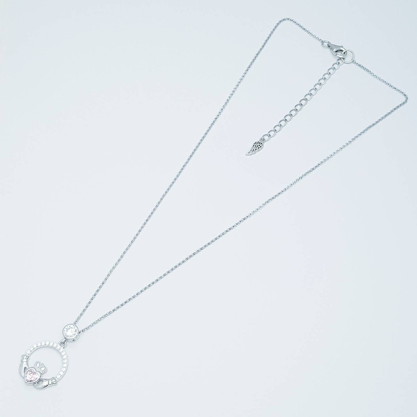 Pink Claddagh pendant, claddagh necklace, silver claddagh pendant with October birthstone