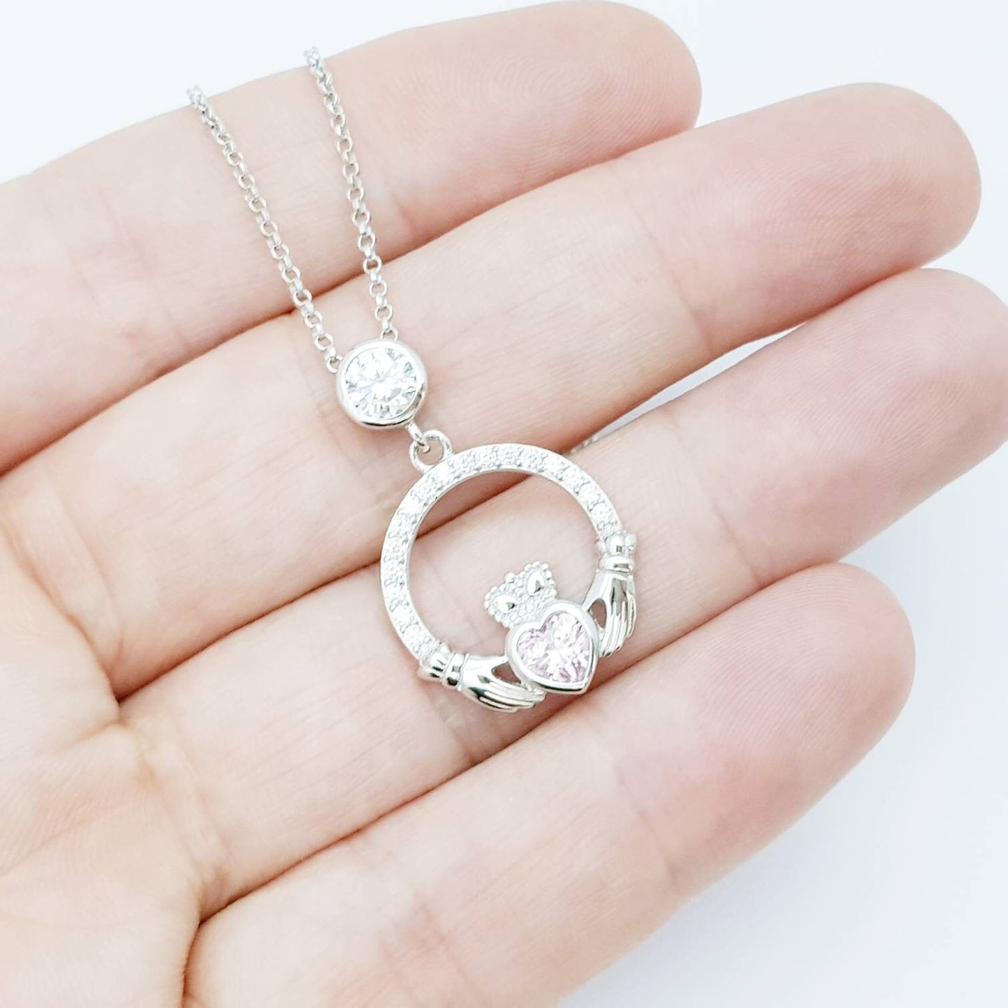 Pink Claddagh pendant, claddagh necklace, silver claddagh pendant with October birthstone