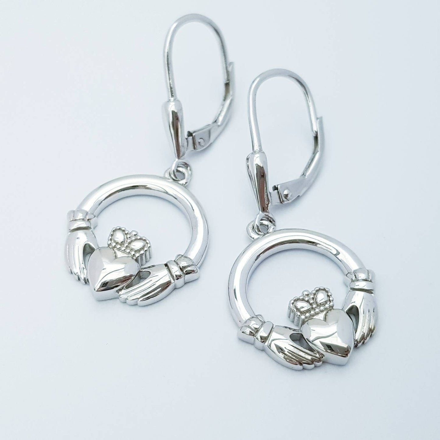 Claddagh Earrings, Silver Claddagh Earrings, lever back drop Earrings