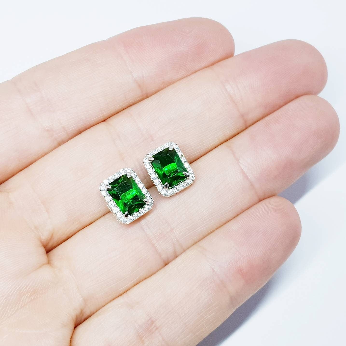 Emerald stud earrings, green earrings, green studs, diamond halo earrings, gifts for her, Green rectangular earrings