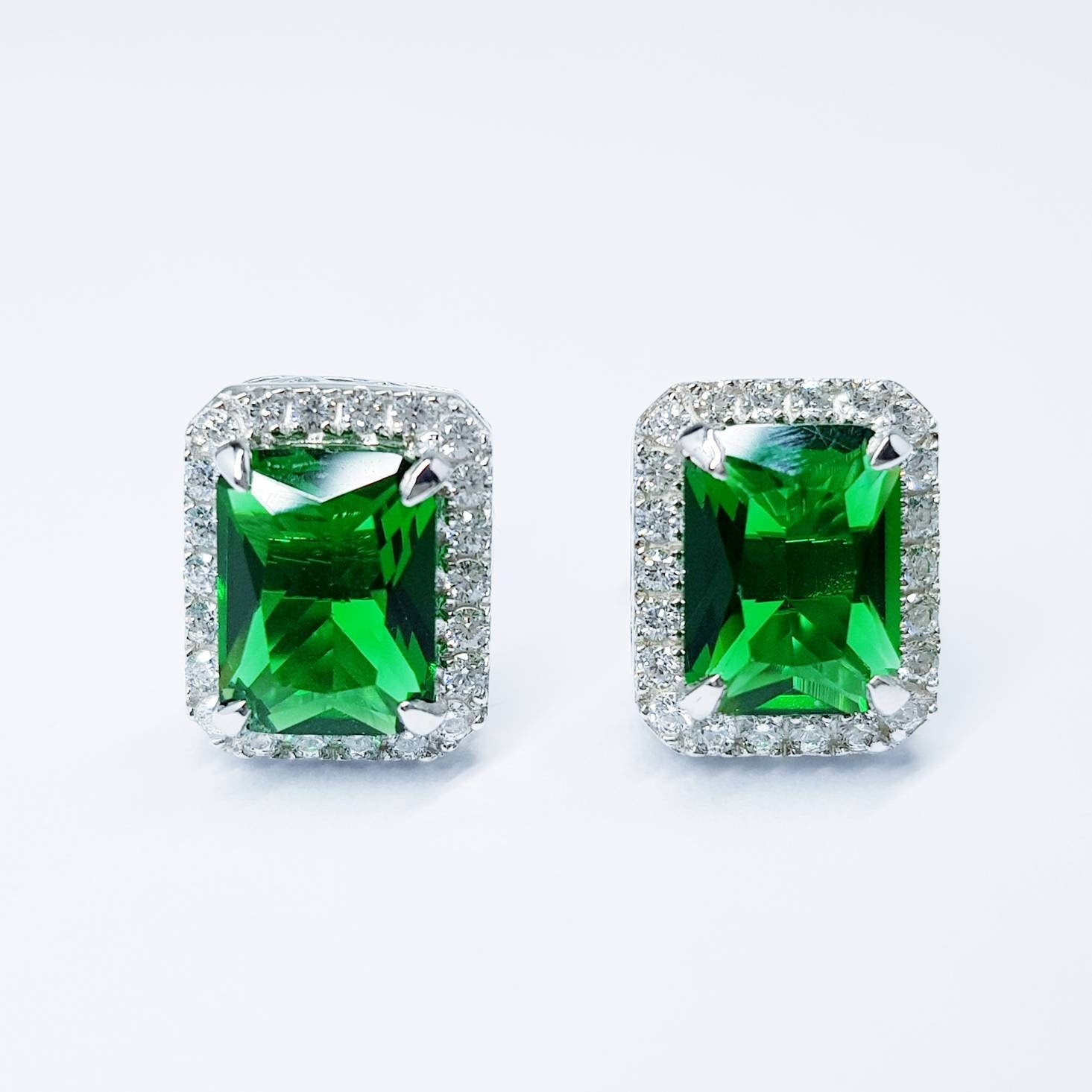 Emerald stud earrings, green earrings, green studs, diamond halo