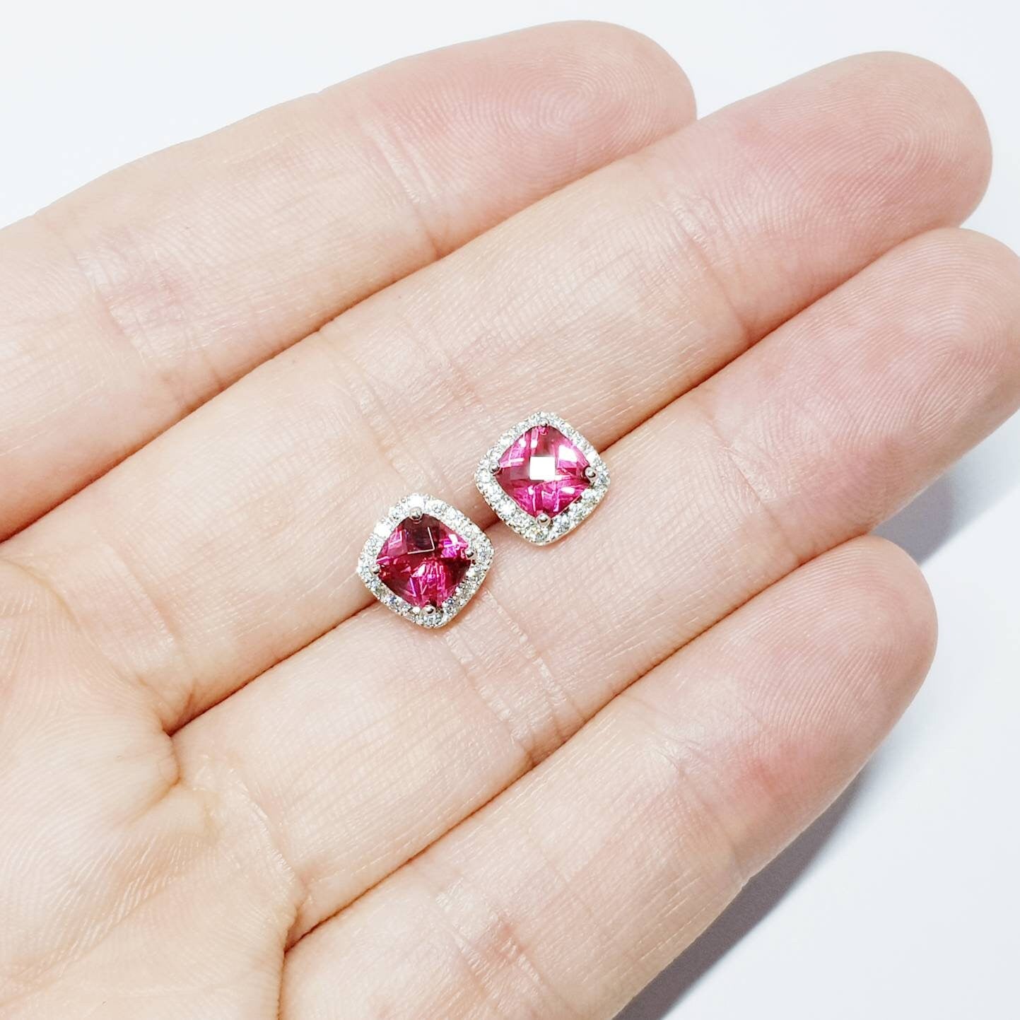 Red earrings, Ruby stud earrings, square earrings, diamond halo earrings, cushion cut earrings, bridesmaid earrings, July stone