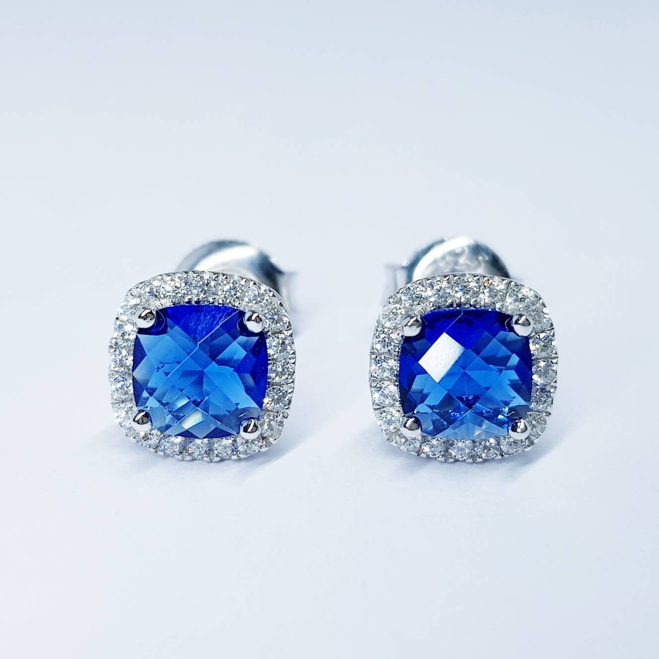 Blue Sapphire Earrings, Sapphire Bridal Earrings, Sterling Silver CZ Blue Sapphire Stud Earrings,Round CZ Stud Earrings,Bridesmaids Earrings