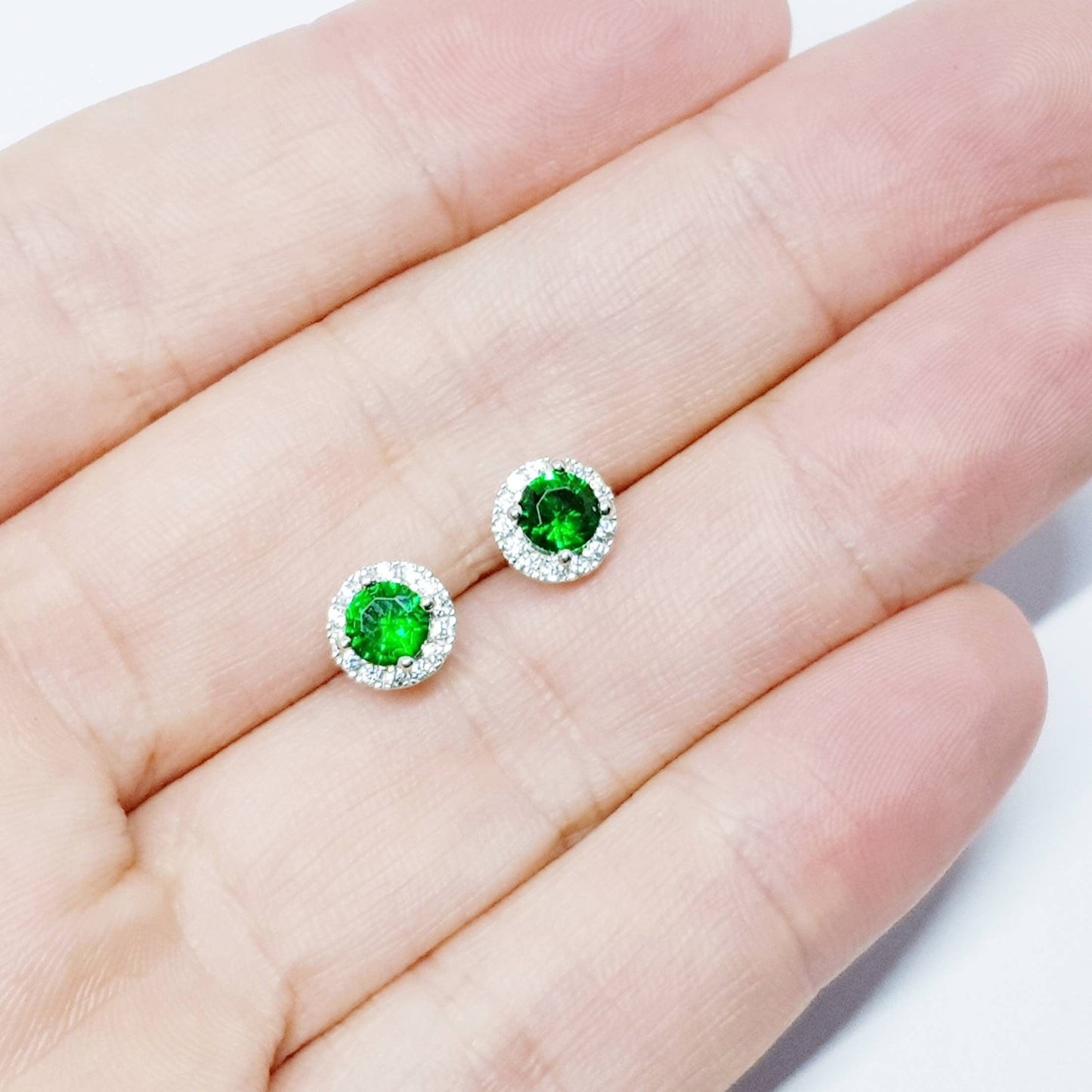 Green earrings, emerald stud earrings, gift for women, vintage earrings, diamond halo earrings, earrings for women, may birthstone studs