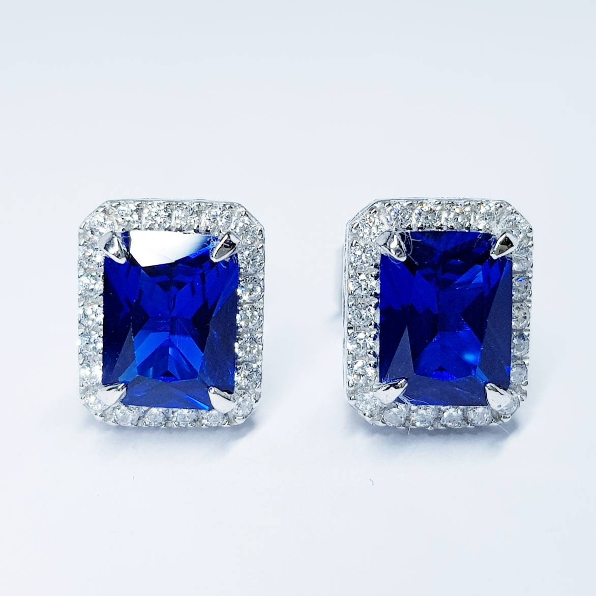 Blue Sapphire Stud Earrings, Halo Stud Earrings, 925 Sterling Silver Stud for Women, Gift For Her, Bridesmaids Gift