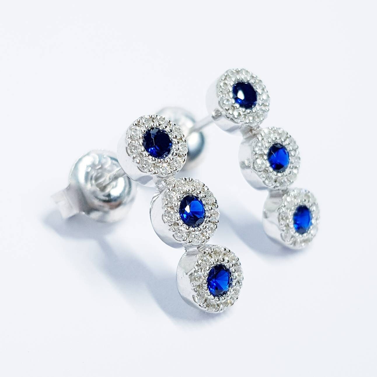 Sapphire blue stud earrings, silver earrings, vintage blue earrings, blue three stone studs