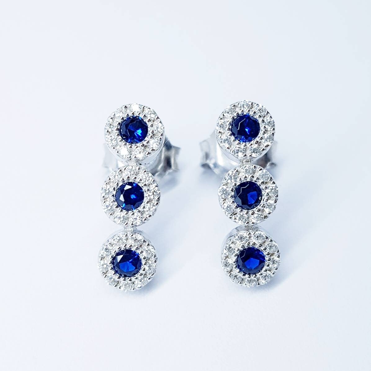 Sapphire blue stud earrings, silver earrings, vintage blue earrings, blue three stone studs