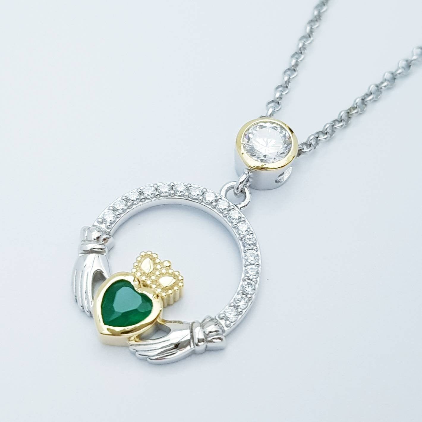 Green Claddagh pendant, claddagh necklace, silver claddagh pendant