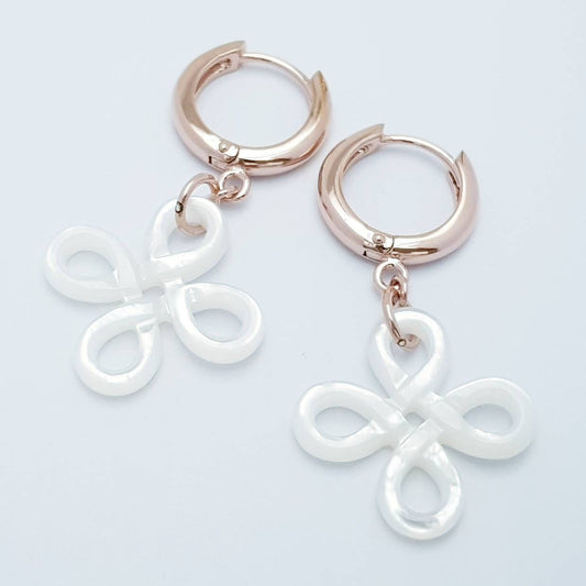 Celtic huggie Earrings, gold knot drop earrings, boho Celtic jewelry, mother of pearl earrings, celtic dangle earrings