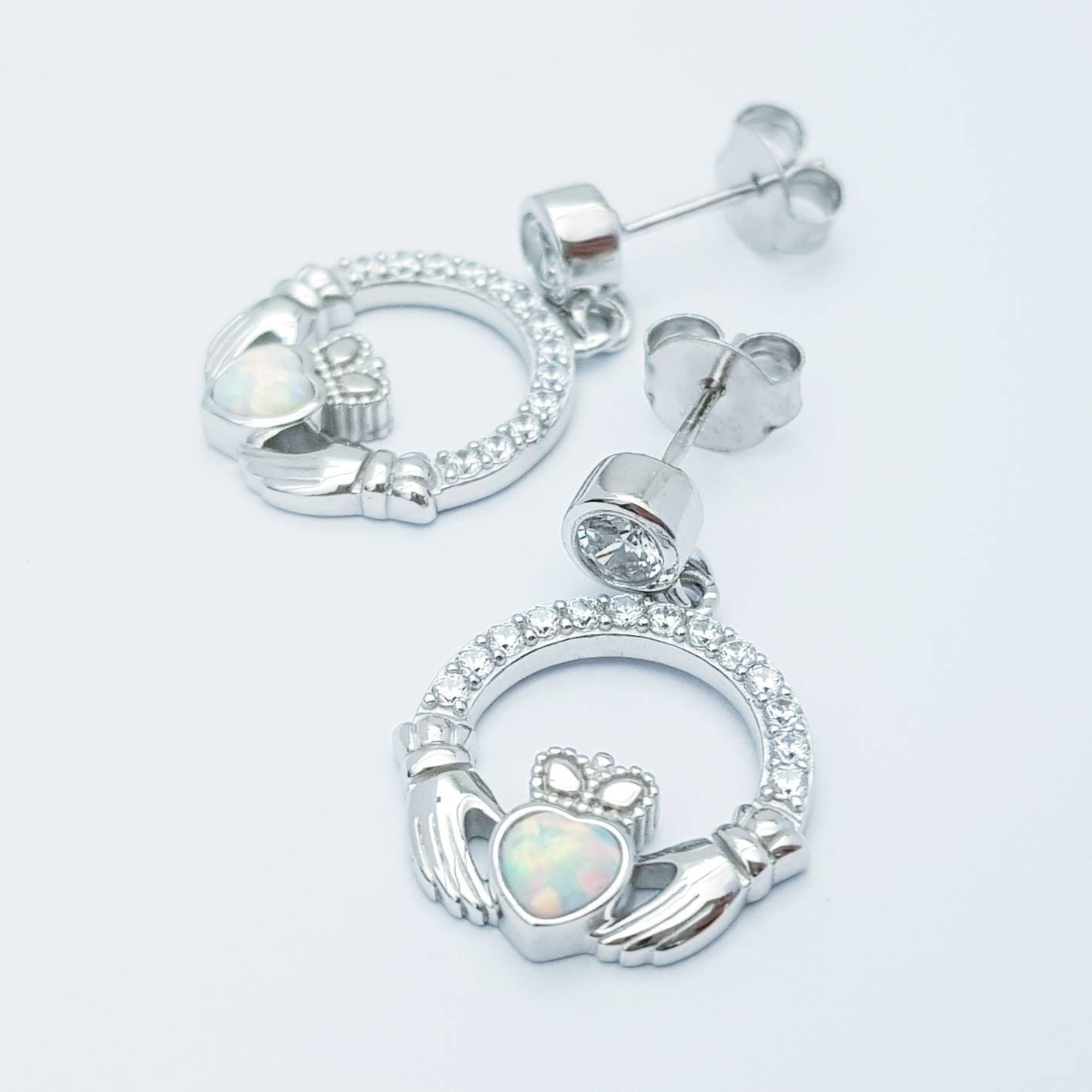 Opal claddagh Earrings, Silver Claddagh Earrings, October birthstone