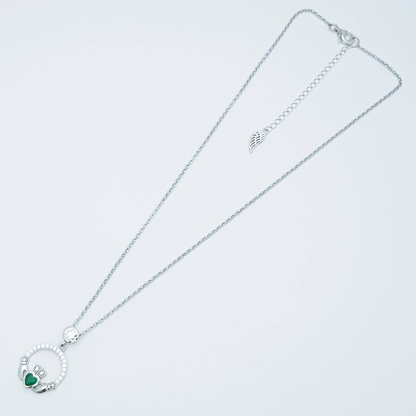Sterling silver claddagh necklace with emerald green heart shaped stone