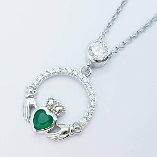 Sterling silver claddagh necklace with emerald green heart shaped stone