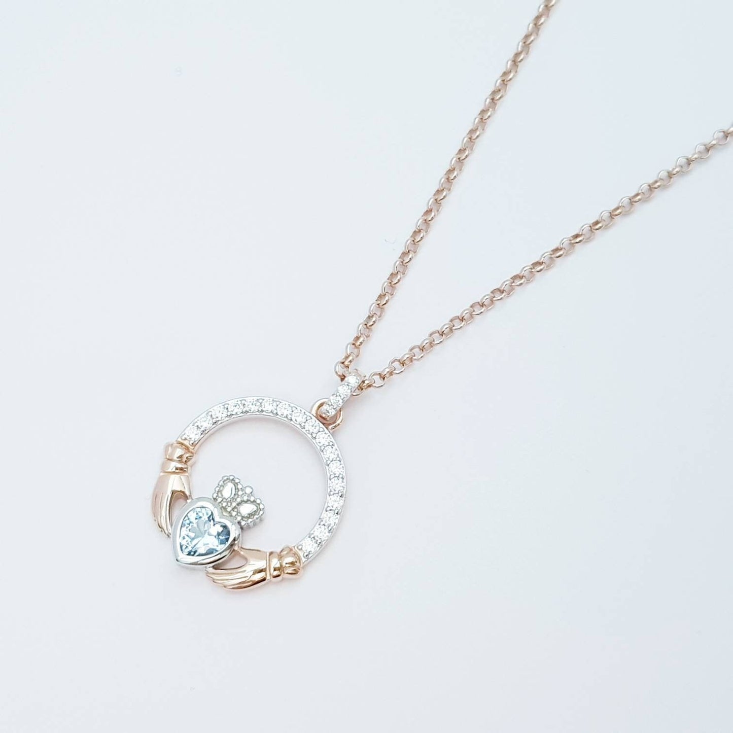 Aquamarine Claddagh pendant, claddagh necklace, rose gold claddagh pendant