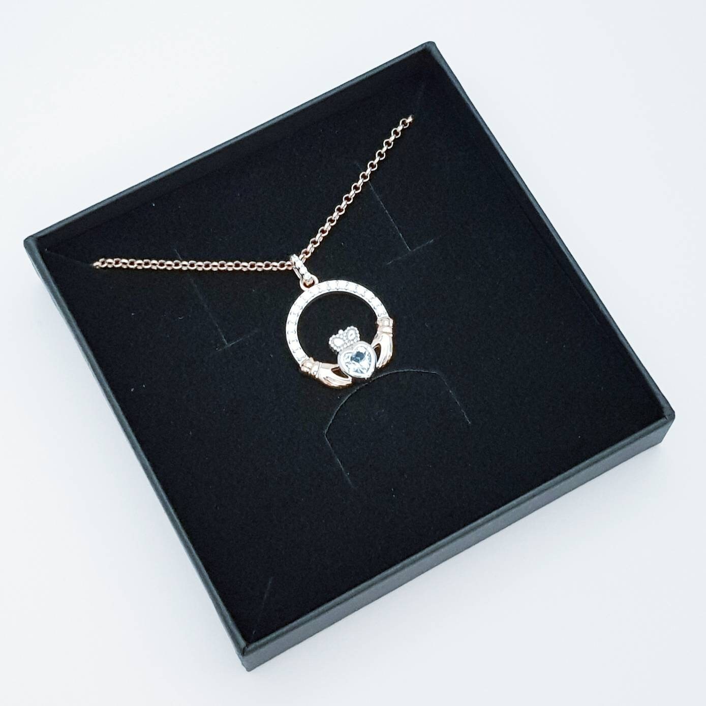 Aquamarine Claddagh pendant, claddagh necklace, rose gold claddagh pendant