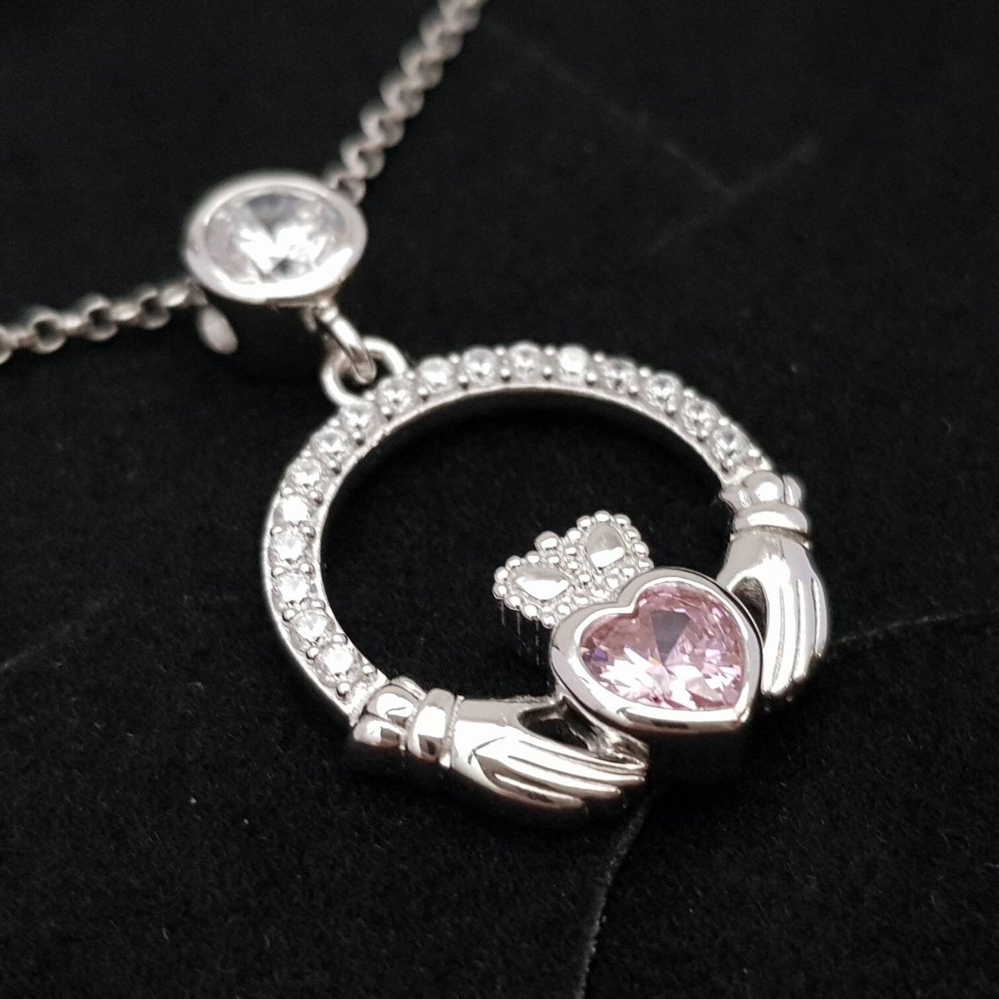 Pink Claddagh pendant, claddagh necklace, silver claddagh pendant with October birthstone