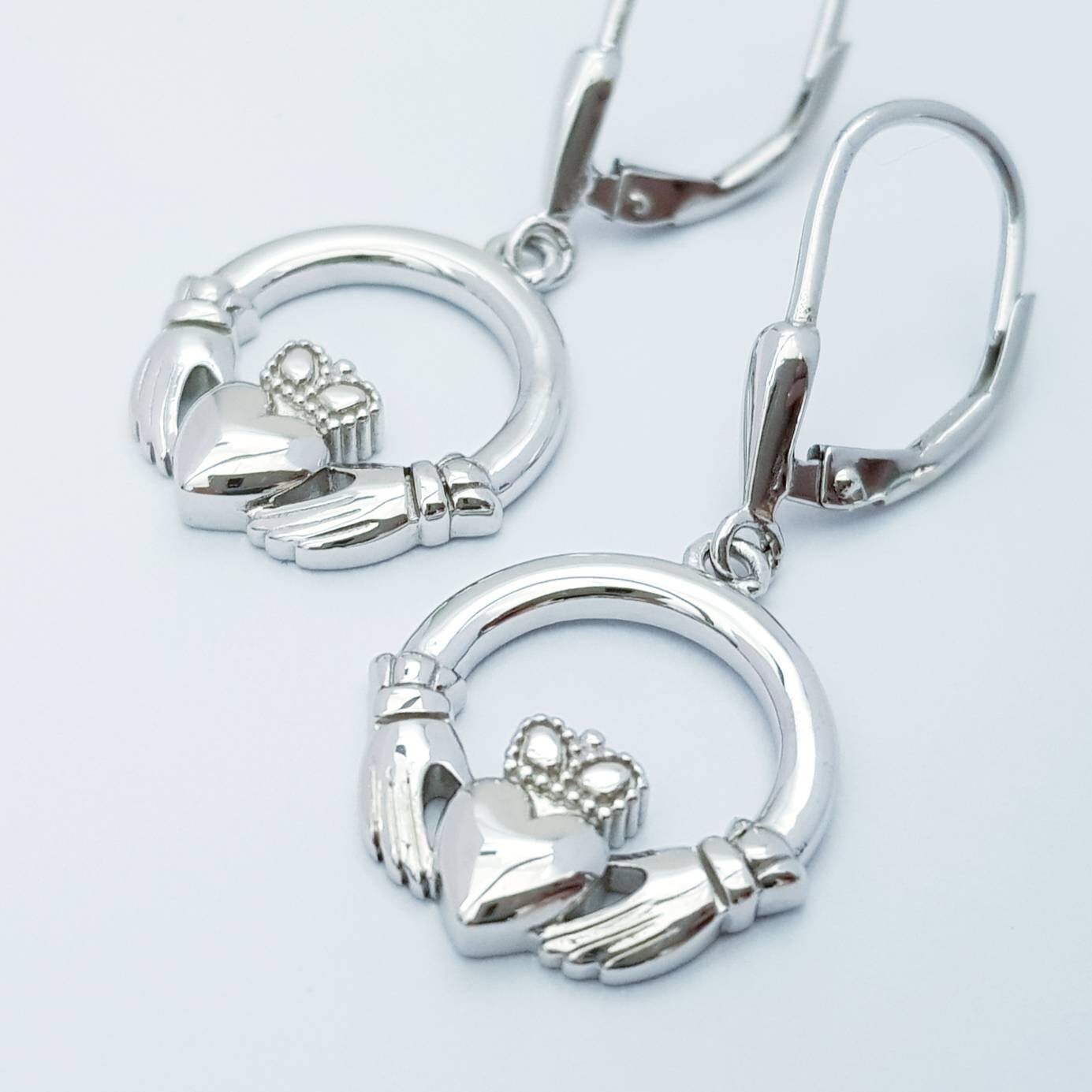 Claddagh Earrings, Silver Claddagh Earrings, lever back drop Earrings