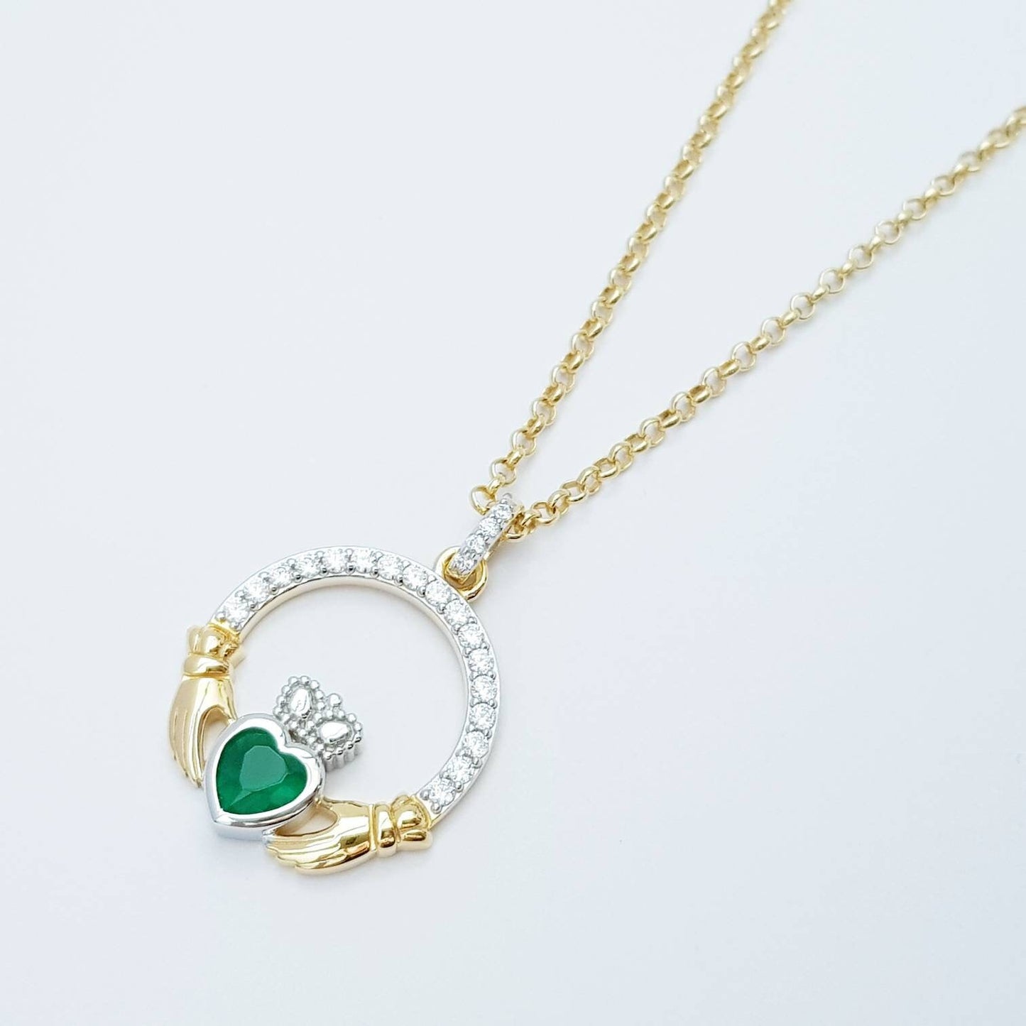 Green Claddagh pendant, claddagh necklace, silver & gold claddagh pendant