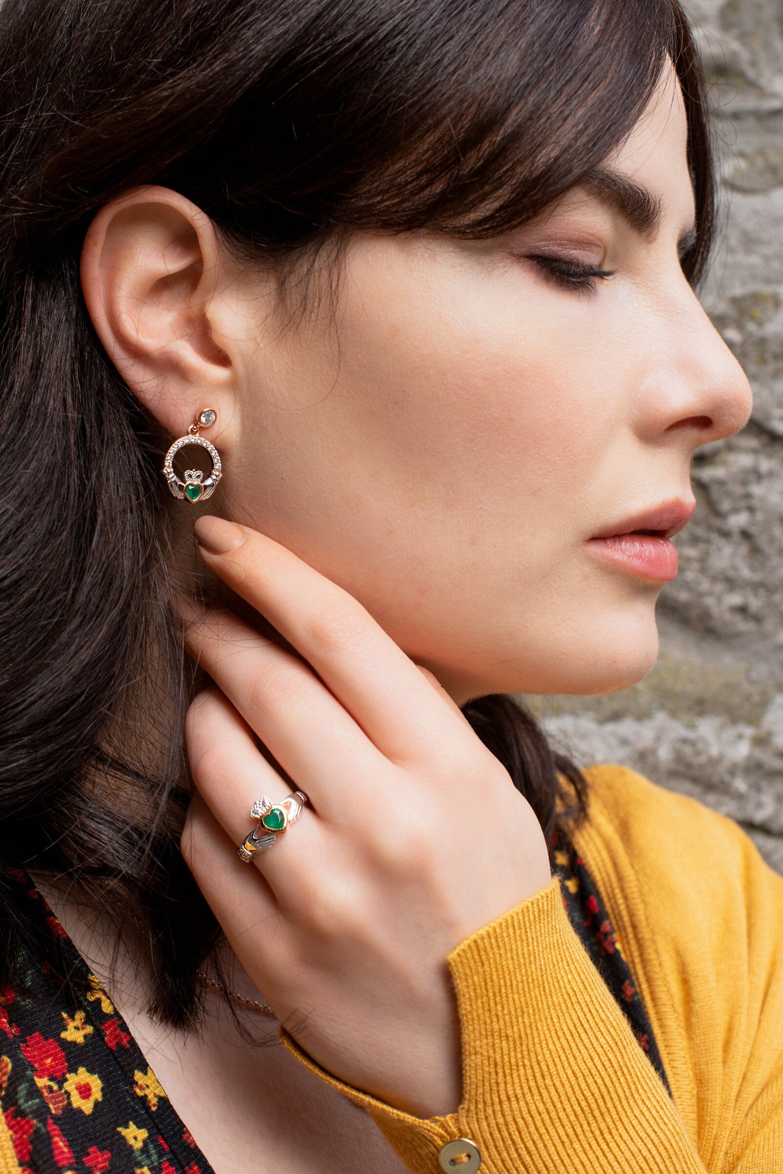 Emerald green claddagh Earrings, Silver and rose gold Claddagh Earrings, Claddagh drop Earrings