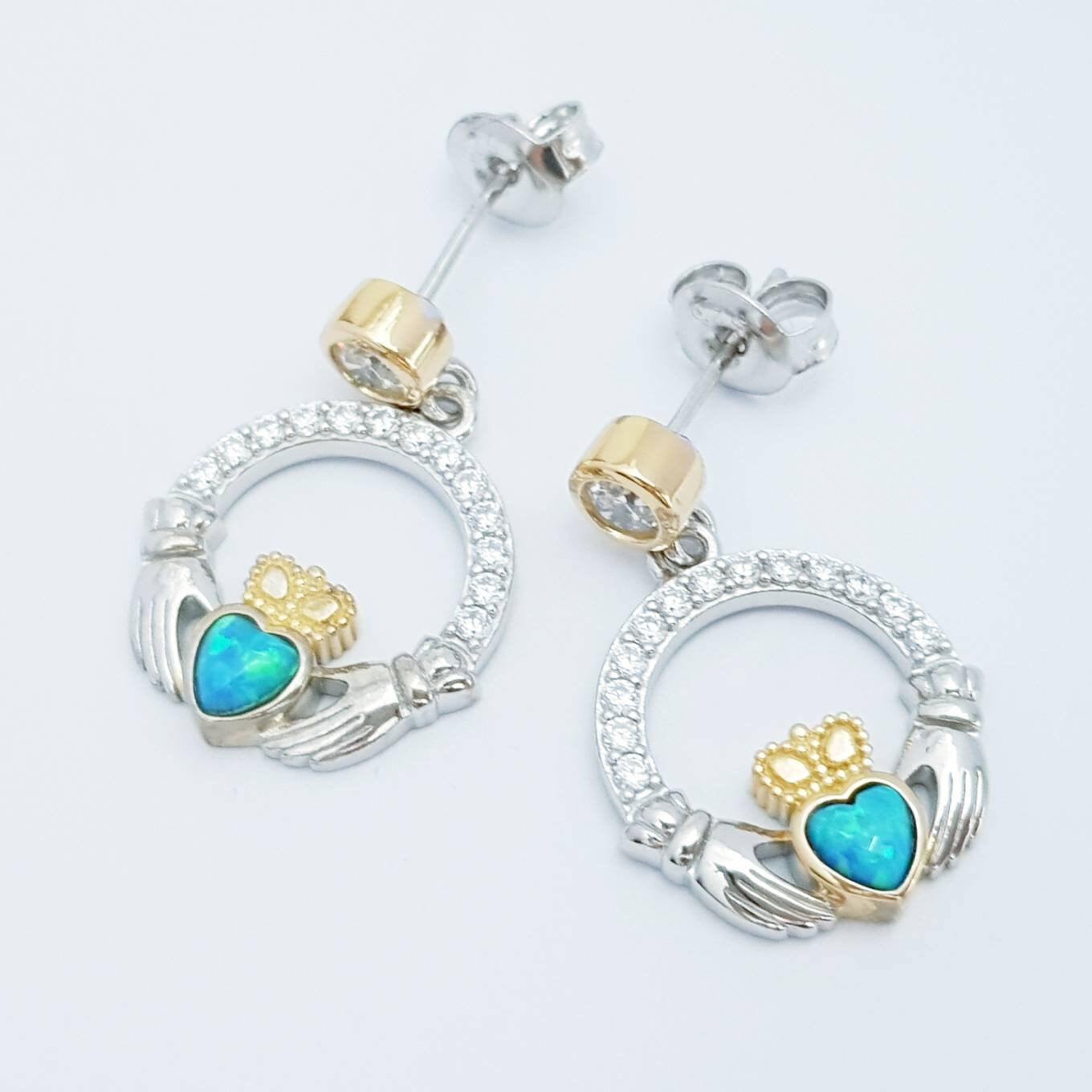 Opal claddagh Earrings, Silver Claddagh Earrings, October birthstone