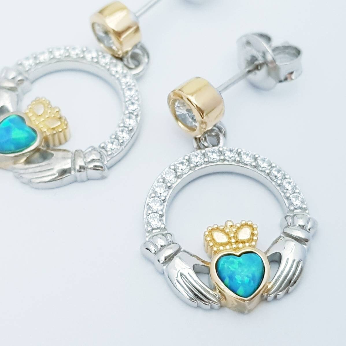 Opal claddagh Earrings, Silver Claddagh Earrings, October birthstone