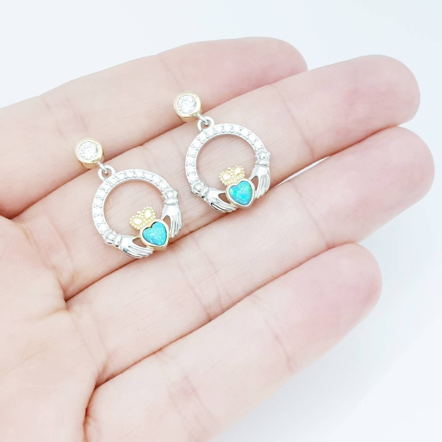 Opal claddagh Earrings, Silver Claddagh Earrings, October birthstone